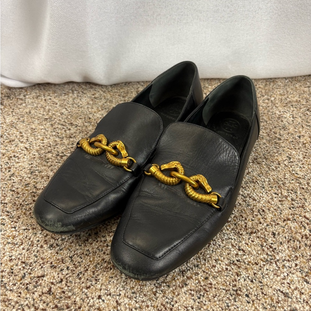 Tory Burch Black Leather Loafers with Gold Chain Accent
